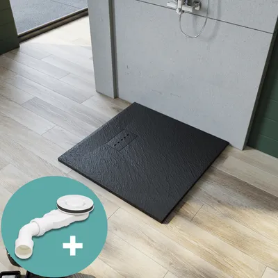 Produktbild von SONNI SMC Duschwannen für Badezimmer 80x80cm Super Flach Quadratisch Duschtasse Schwarz Steinoptik inkl. Ablaufgarnitur