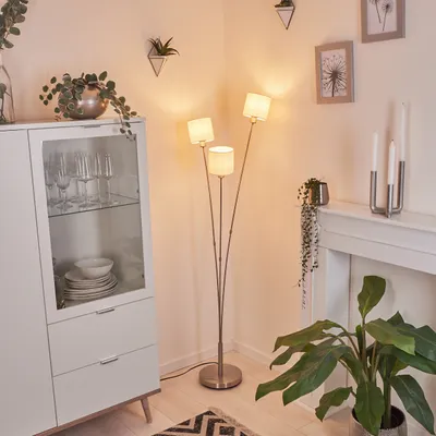 Produktbild von Costa »Costa« runde Bodenlampe aus Metall, Nickel-matt, weiße Stoffschirme