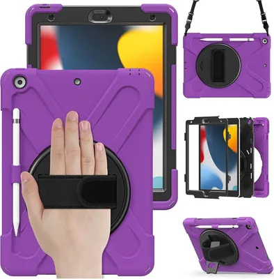 Produktbild von Mobigear SureGrip XGuard iPad 8 (2020) Hülle Kunststoff,Silikon Backcover + Stifthalter + Schulterträger + Ständer - Lila