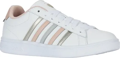 A single white K-Swiss sneaker with pink and gold accents is shown from a side angle against a white background.