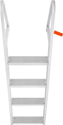 A white background with a silver ladder with four steps.