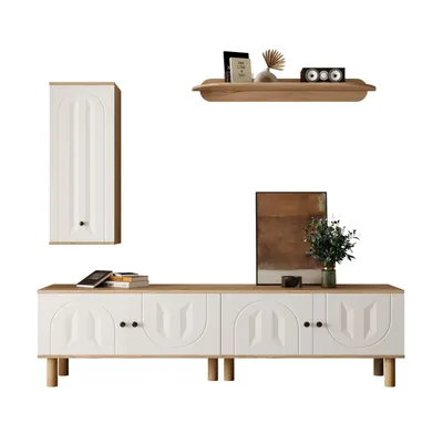 Produktbild von Wohnwand, 3-tlg .bestehend aus: Highboard, Schränke, Wandboard. Weiße und hölzerne, geschnitzte Türpaneele