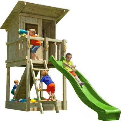 Children playing on a wooden playground with a green slide.