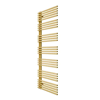 Goldfarbener, moderner Handtuchheizkörper mit horizontalen Streben und asymmetrischem Design