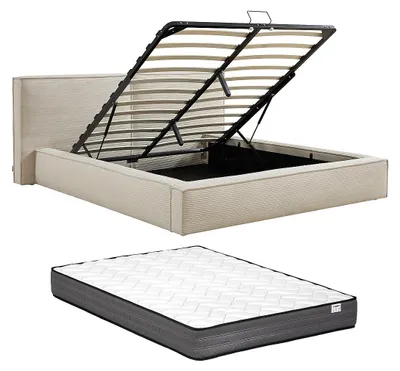 Produktbild von Bett mit Stauraum 160 x 200 cm – Cordvelours – Beige + Matratze – TAVESO