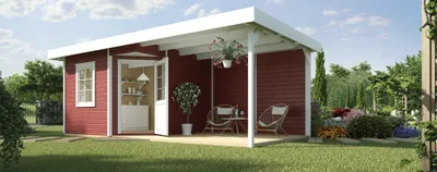 Produktbild von Gartenhaus weka Designhaus 213 B+ Gr. 2 hohes Durchgangsmaß 195 cm, mit Fußboden und Schleppdach 645 x 358 cm rot