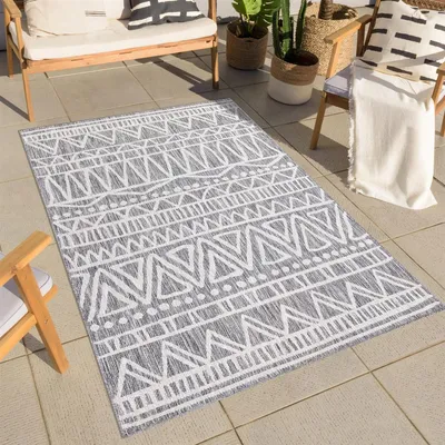 Produktbild von Teppich Outdoor Wetterfest Grau - 160x230 cm - Ethno-Look - In- & Outdoor Terrasse, Balkon, Flur