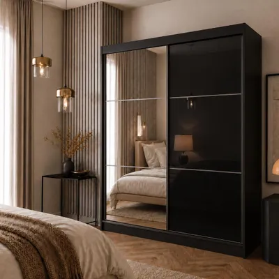 Produktbild von Schrank mit Schwebetüren VIVA 200cm - Kleiderschrank mit Schubkasteneinsätze & Kleiderstangen (Schwarz)