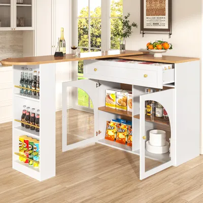 Produktbild von Kücheninsel Bartisch mit Stauraum, ausziehbar 138–204 cm, weißer MDF-Bartisch mit Regalen und Sicherheitsglastüren, Höhe 104 cm