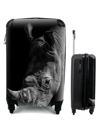 Produktbild von MuchoWow® Koffer Handgepäck Trolley Rollkoffer Kleine Reisekoffer mit 4 Rollen - Nahaufnahme eines Nashorns auf schwarzem Hintergrund - Cabin Size < 55x40x23 cm & 55x40x20 cm - Fotokoffer - Kabinenkoffer - Boardgepäck - Reise-Box - Reisekoffer - Reisegepäck - Koffer mit Bild - Trolley für Kinder