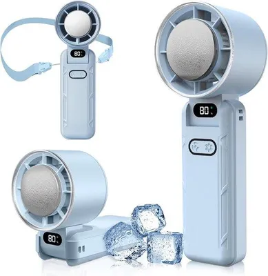Produktbild von Mini-ventilator für den Camping- und Freizeitgebrauch, blau, 5 Geschwindigkeiten, Kühlung, 3600mAh Akku, USB-Ladung, LED-Anzeige.