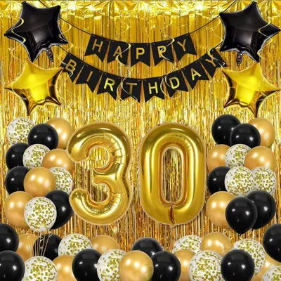 Immagine prodotto di Set di decorazioni - Palloncini - 30° compleanno - Oro e nero - Tenda - Parete - Festa - XL