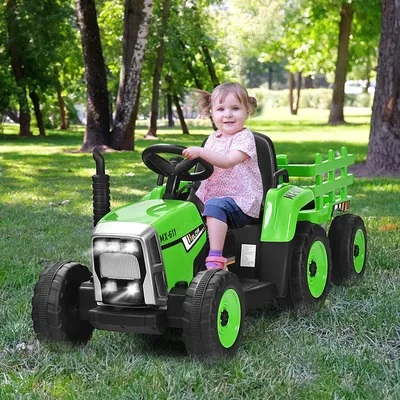 Produktbild von GOPLUS Elektrofahrzeuge mit Anhänger, 3-Gang Elektroauto Traktor mit Fernbedienung, LED-Licht & Musik & Bluetooth, für Kinder ab 3 Jahren, bis 30 kg (Grün)
