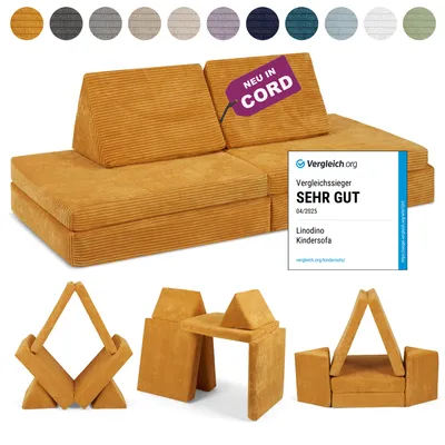 Produktbild von Linodino Spielsofa Cord - Kindersofa | Kinder Couch als Kuschelecke und Indoor Spielplatz | Kinder Sofa aus Schaumstoff Bausteinen IGänseblümchen Gelb