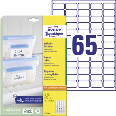 Obrázok produktu pre Avery L7971-25, Biela, Zaoblený obdĺžnik, 38.1 x 21.2 mm, A4, Papája, 65 kusov