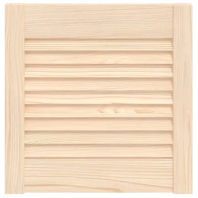 A close-up, front-facing view of a wooden louvered cabinet door.