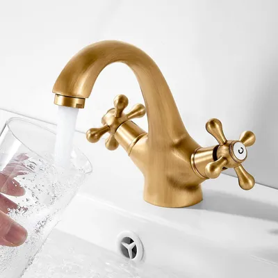 Immagine prodotto di Miscelatore per lavabo, stile antico, in ottone, con due maniglie e cartuccia in Vetroceramica