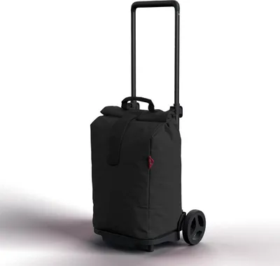 A black shopping trolley with a telescopic handle and wheels, shown against a white background.