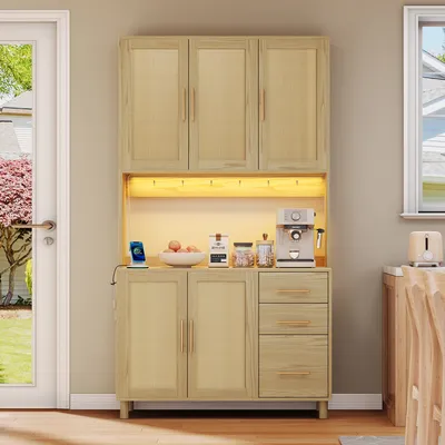 Produktbild von Flieks Hochschrank, Anrichten mit Türen aus Rattan, Barschrank mit Steckdosen, Sideboard im rustikalen Stil, 183cm hoch, Holzfarbe