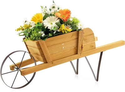 Produktbild von GOPLUS Blumenwagen aus Holz, dekorativer Pflanzenst?nder mit Metallrad, 9 austauschbare Magnetzubeh?rteile, Schubkarren-Dekoration für den Innen- und Au?enbereich, frei dekorierbar
