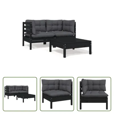 Produktbild von The Living Store 3-tlg. Garten-Lounge-Set mit Kissen Schwarz Kiefer Massivholz