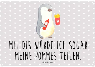 Produktbild von Mr. & Mrs. Panda tafel Pinguin Pommes DIN A4 - Grau Pastell - Geschenk, Jahrestag, Wandbild, Valentinstag, Hochzeitstag, Türschild, Schild, für Freundin, Blechtafel
