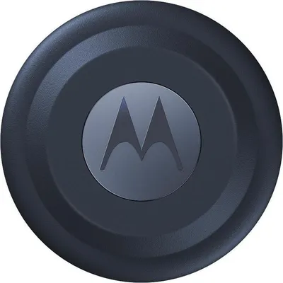 A close-up, front-facing view of a round, dark gray Motorola tag with the Motorola logo in the center.