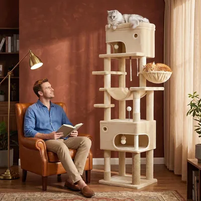 Produktbild von Kratzbaum, 203 cm Katzenbaum mit Großer Plattform, Beige | mit 2 Höhlen, 7 Kratzsäulen, Pompons, Liegemulden, Hängematte