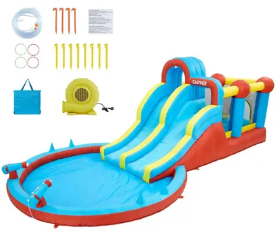 Obrázok produktu pre Nafukovateľný vodný park – 8 v 1: vodná šmykľavka a trampolína – dvojité šmykľavky – lezecká stena – trampolína – detský bazén – pre deti vo veku 6–12 rokov