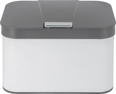 A white and gray compost bin with a lid.
