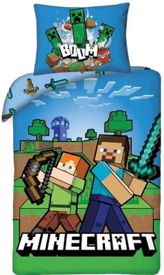Produktbild von Unyqoos® Minecraft Bettbezug 'Baum' – für Einzelbett 140 x 200 cm, beidseitig bedruckt, Kissenbezug 70 x 90 cm (extra groß), 100% Baumwolle, mit Reißverschluss