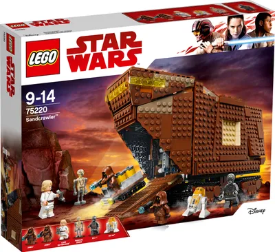 Produktbild von LEGO Star Wars Sandcrawler 75220, ca. 18 cm hoch, 31 cm lang, 11 cm breit. Mit aufklappbarem Cockpit, lenkbaren Laufketten, abnehmbaren Seitenwänden, Droidengefängnis, Gelenkkran, herunterklappbarer Rampe. Inklusive 4 Minifiguren und 2 Droiden. Das fahrbare Zuhause der Jawas.