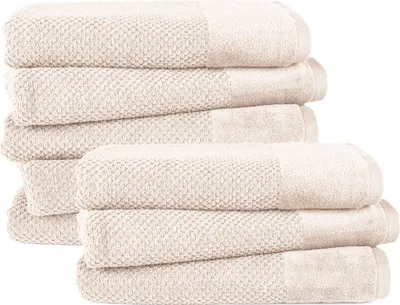 Produktbild von Pure Label 8-TLG. Badetücher Set mit Anhängeschlaufe aus 100% Baumwolle, saugstark und weich| 8 Badetücher aus Baumwolle 70x140 cm, Creme