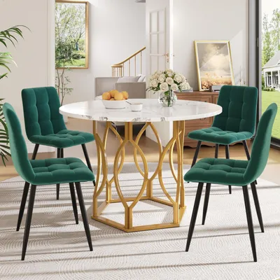 Image de Ensemble de salle à manger comprenant une table ronde et 4 chaises, pour 4 personnes, dimensions : 100x100x76 cm, couleur : blanc/doré/vert