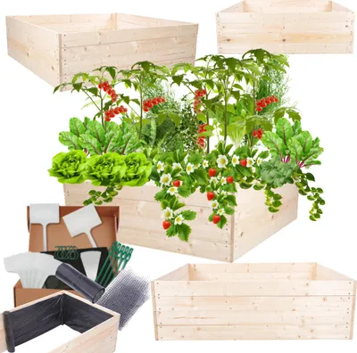 Produktbild von MODO24 Hochbeet Holz, Pflanzkasten, Massivholz, Kiefer, Kräuterbeet, Blumenkasten, Garten, Terrasse, 36x120x117 cm, Natur, ZP06