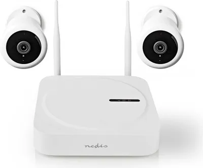 A white wireless camera system with two cameras and a central hub, displayed against a white background.