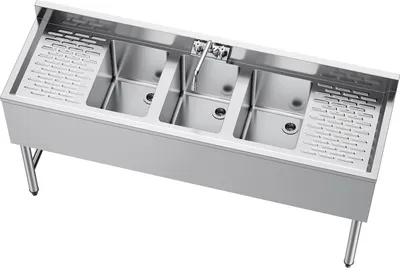Produktbild von SucceBuy Spülbecken mit drei Becken, zwei Abtropfflächen und Spritzschutz, Küchenspüle (1524 x 470 x 838 mm), geeignet für Restaurants, Imbisswagen und privaten Gebrauch, Edelstahlspüle inklusive Wasserhahn