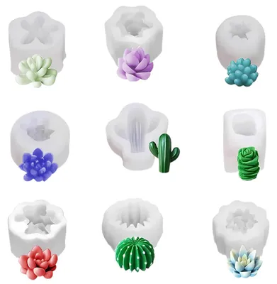 Productafbeelding van Siliconenmatrijzen voor vetplanten, set van 9 gietvormen, siliconenmatrijzen voor kaarsen, cactussenvormen, 3D-siliconenmatrijzen voor aromatherapie, kaarsen, taartdecoratie, zeep maken