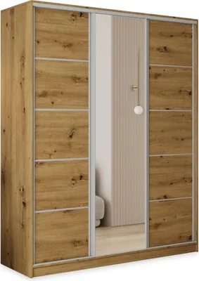 A three-door wardrobe with a mirrored center door, set against a plain white background.