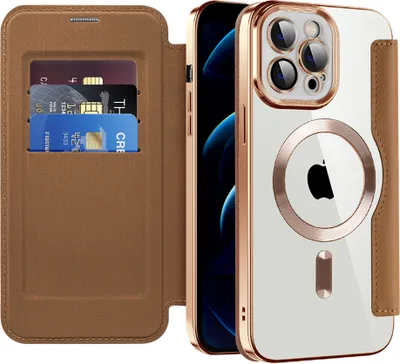 Obrázek produktu pro Pouzdro pro iPhone 12 Pro Max kompatibilní s MagSafe, průhledné pouzdro s držákem karet, kožené pouzdro s ochranou kamery Hnědý
