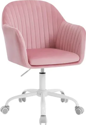 A pink velvet office chair with a white base and wheels, shown from a front-side angle against a white background.