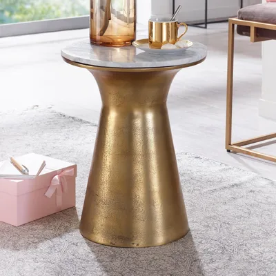 Produktbild von FineBuy Beistelltisch Echter Marmor Weiß 35x35x45 cm Anstelltisch Metall Gold Kleiner Sofatisch Rund Wohnzimmertisch Couch Modern Couchtisch Hoch