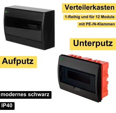 Aufputz und Unterputz / Sicherungskasten / Verteilerkasten / IP 40 / 1-Reihig für 12 Module / mit PE-/N-Klemmen / modernes schwarz