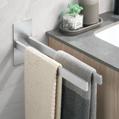 Productafbeelding van Handdoekhouder zonder boren, 2 armen, zelfklevend, 304 roestvrij staal, geborsteld. Dubbele handdoekhouder, roestvrij, voor wandmontage. Handdoekstang voor badkamer en keuken, zilver