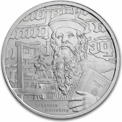 Zdjęcie produktu dla 1 Unze Silbermünze Inspirierende Ikonen Johannes Gutenberg 2024 Silber 9999 Sammlermünze