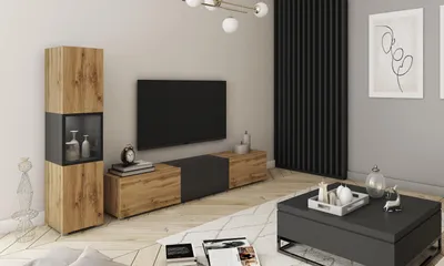Produktbild von MINIO go for it, Wohnwand BRELA I, TV Board mit Vitrine, Modern, mit LED-Beleuchtung, 210 cm,  Wotan Eiche/Schwarz