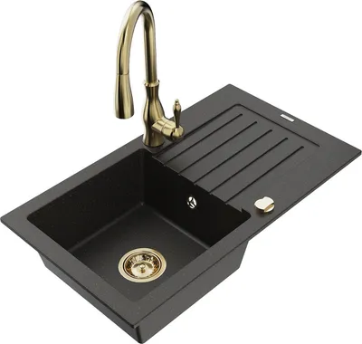 Produktbild von Mexen Pablo 1 Becken-Granitspüle mit Abtropffläche und Mischbatterie Savita, Schwarz/Gold metallisch - 6510-75-672601-50