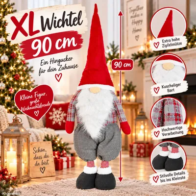 Produktbild von XL Weihnachtswichtel 90 cm Wichtel Figur Rot Grau Weihnachtsdeko Gnom Zwerg Tomte Dekofigur Weihnachten