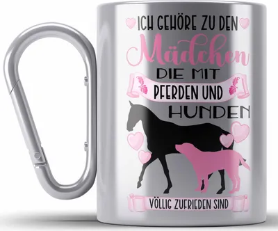 Produktbild von Trendation - Pferd Hund Edelstahl Tasse Karabiner Geschenk Mädchen Reiterin Geschenkidee Rosa Karabiner Edelstahl Tasse Karabiner Edelstahl Reiten Lustiger Spruch (Silber)