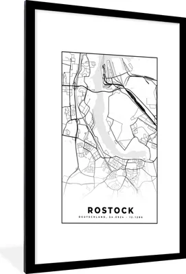 Produktbild von MuchoWow® Gerahmtes Poster Karte - Stadtplan - Rostock - Karte 60x90 cm - Poster mit Schwarzem Bilderrahmen Wandposter Rahmen Foto Bilder - Dekoration - Wandposter Wohnzimmer - Hochwertig